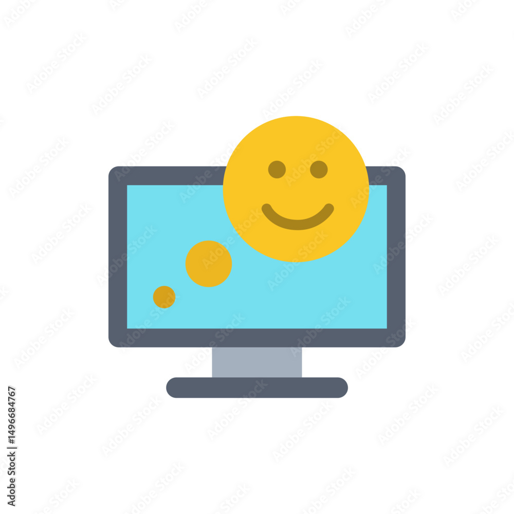 Poster delighted computer screen interface with a cheerful expression and notification bubble