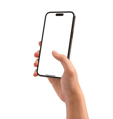 Hand using smartphone with blank screen isolated. Premium high quality studio shot. Concept for technology, business, finance and advertising.