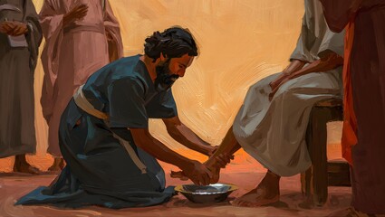 Fototapeta premium A man kneeling and washing feet of a seated person, surrounded by others. The scene embodies humility and service within a gathering.