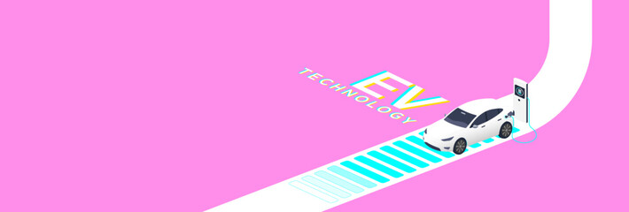 EV Technology concept featuring a white electric vehicle charging at a station on a pink background, symbolizing innovation, clean energy, and futuristic design.