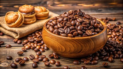 Aromatic coffee beans in a wooden bowl with sweet pastries nearby , cozy atmosphere, pastry