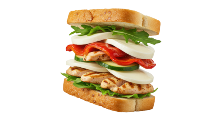 An abstract take on food photography, featuring a sandwich suspended in air, isolated on a transparent background. Unique and modern food visual.
