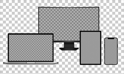 Realistic Vector Mockup Digital Tablet, Mobile Phone, Smart Phone, Laptop and Computer Monitor. UI / UX design. Vector illustration, modern digital devise, digital template. Stock illustration. EPS 10