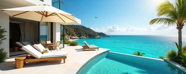 Obraz premium A sun-drenched villa overlooking a turquoise sea, embodying a luxurious and idyllic lifestyle Perfect for travel, vacation, and luxury living concepts , serene, stylish