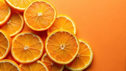 Fototapeta premium Freshly sliced orange wedges on a vibrant orange background with slight texture and natural illumination , food photography, fruit arrangement