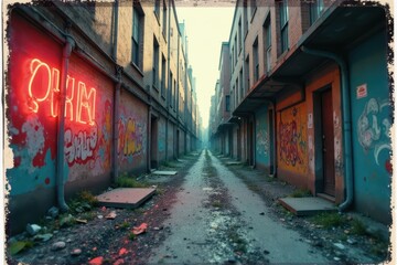 Fototapeta premium Faded, scratched polaroid photo of urban decay scene, texture, street, image