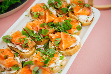Delicious bruschetta with salmon on a white plate. Salmon toast with cream cheese and microgreens. Healthy food, health benefits, omega 3, fish oil. Natural, delicious and healthy seafood