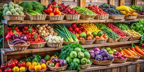 Colorful vegetables arranged on a wooden market stall display, vibrant colors