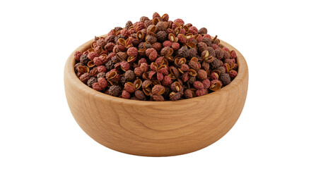 Authentic Szechuan peppercorns artfully arranged in a wooden spoon, isolated on a transparent background. Highlights culinary spice usage.