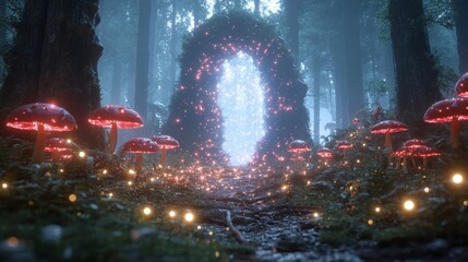 Fototapeta premium mystical forest clearing with glowing mushrooms, fireflies, and a magical portal shimmering in the center, Generative AI