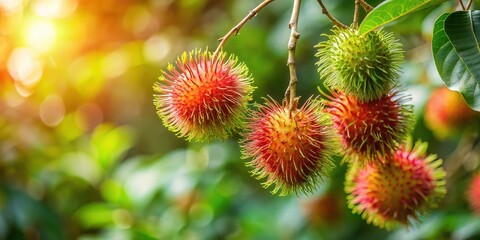 Rambutan fruit hanging from a tree branch, ripe and ready for harvest, tree branch, Malaysia,  tree branch