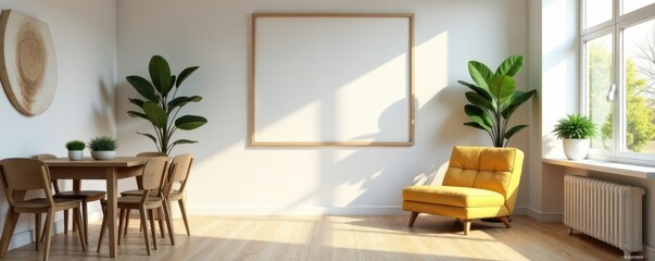 Modern square frame mockup, sunlit living room , home decor, image, square frame mockup
