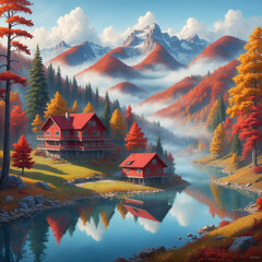 Fototapeta premium Morning mist over a glossy lake beside hillside cabins with red roofs glowing in soft light with distant peaks and colorful autumn forest