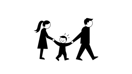 Father pulling child away from mother in minimalist black and white illustration, symbolizing parental conflict, custody battle, or family separation
