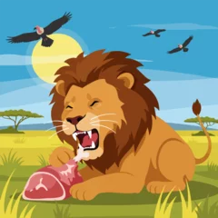 Fototapete Rund Lion Eating Meat on Savannah with Vultures Flying Overhead Graphic © Hasna90
