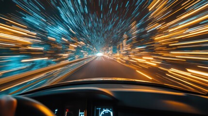 Futuristic Speed: Capturing the dynamism of a car journey through a tunnel of lights