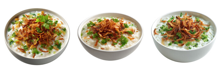 Creamy Yogurt Dish Illustration with Fried Onion Garnish in Realistic Style perfect for Ramadan food menus and culinary promotions