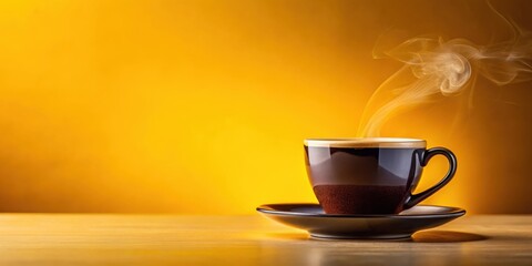 Obraz premium A steaming cup of dark coffee with a thick layer of crema on top sits alone against a bright and vibrant yellow background, warm, table