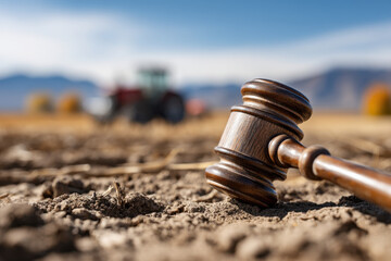 Judge’s gavel over farm landscape symbolizing agricultural legal disputes, land rights, and environmental law