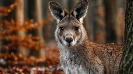 Portrait of a kangaroo peeking out from behind a tree in the forest
