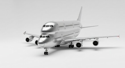 Fototapeta premium 輝く金属製旅客機模型 静かに佇む未来型航空機. AI Generated