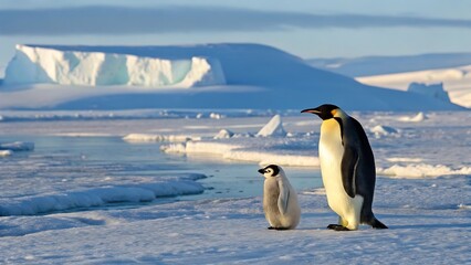 Penguin Parent and Chick Against the Icy Antarctic Splendor