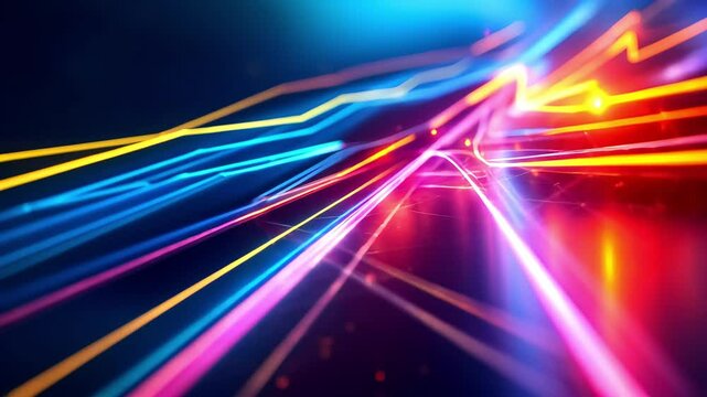 Colorful geometric lines stretching across the screen creating sharp angular transitions that reflect off a metallic surface