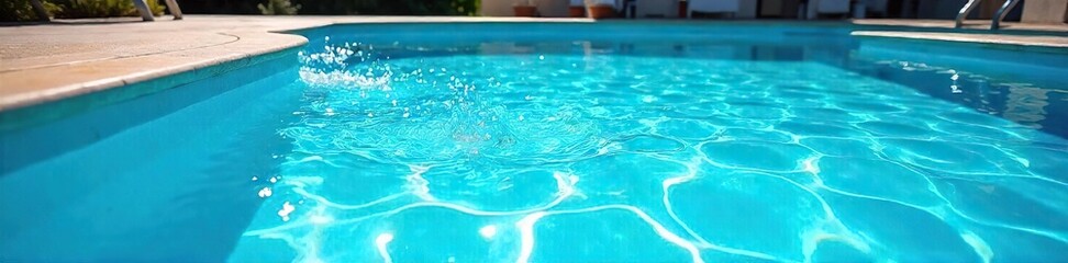 Sparkling blue swimming pool on a sunny summer day, perfect for relaxation and refreshment  Clear water shimmers under the bright sunlight, inviting a refreshing dip ,  swim,  escape,  cool