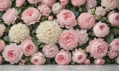 Pastel pink roses, peonies & hydrangeas; vintage floral wall backdrop  ,  artificial floral wall,  peony,  romantic flowers