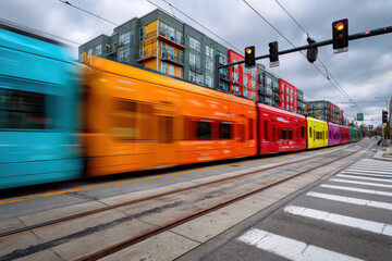 Fototapeta premium colorful train cars speeding through an intersection