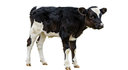 A charming black and white calf, cleanly isolated on a transparent background. A versatile PNG for agricultural and animal-related designs.