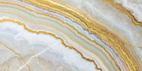 Fototapeta premium Delicate agate texture featuring cream, soft green, and pale pink bands with golden edges, creating subtle flowing layers in natural stone style
