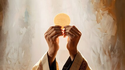 A priest's hands reverently hold a consecrated host, emanating a serene glow, representing a spiritual moment. It is a photorealistic capturing of the sacred communion ritual.