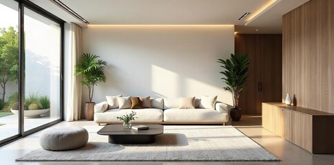 Fototapeta premium A modern, minimalist living room designed by an architect and interior designer Clean lines, natural light, and sophisticated furnishings create a serene atmosphere , serene, lighting