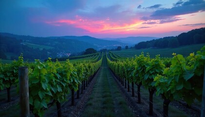 Naklejka premium A serene vineyard at twilight, bathed in the soft blue hues of dusk Rolling hills, grapevines, and a tranquil atmosphere Perfect for wine labels, websites, or travel brochures , wine, serene