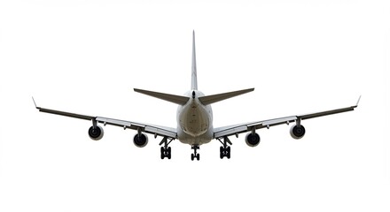 Fototapeta premium 白い背景 巨大な旅客機 着陸態勢 力強く降下. AI Generated