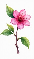 Obraz premium Single watercolor cherry blossom with leaf, isolated , artistic, graphic
