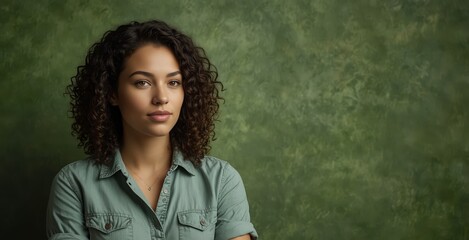 Young woman in her twenties standing with arms behind her back, gazing thoughtfully to the side on a green backdrop.

