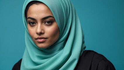 Confident female wearing hijab, captured in front of a striking cyan background.

