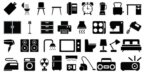 Set of home appliance icon vector for kitchen tools, cleaning devices, and house electronics. Ideal for household product ads, service repair visuals, and shopping UI elements.