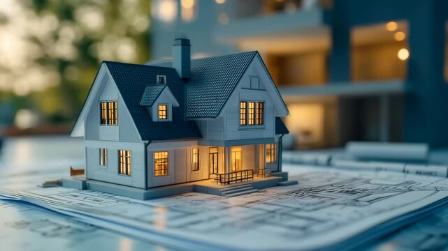 A detailed architectural model of a house with illuminated interiors, resting on top of blueprints, suggesting the process of architectural design and planning.