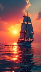 Fototapeta premium A majestic sailing ship glides gracefully across a calm ocean under a vibrant sunset, its sails billowing in the gentle breeze, a picturesque scene of nautical beauty , yellow, gorgeous, sky