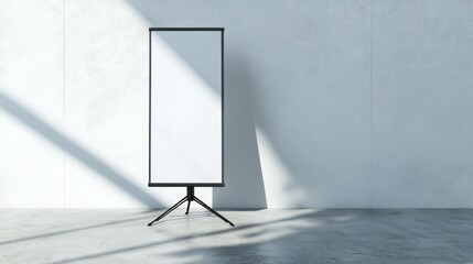Blank white presentation board standing against textured concrete wall with natural light