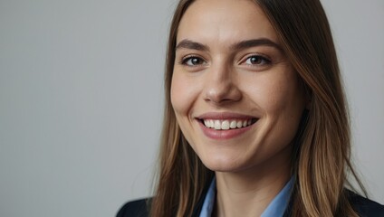 Portrait of a confident young businesswoman with long hair, smiling brightly against a plain white setting.

