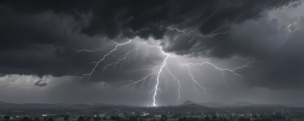 Heavy, grey clouds roiling, jagged lightning flashes across an overcast sky ,  view,  aerial