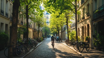 Person Cycling Down Sunlit Parisian Cobblestone Street