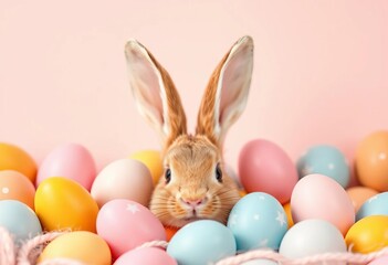 Pastel Easter bunny ears peeking from pastel circles on soft background, ears, illustration