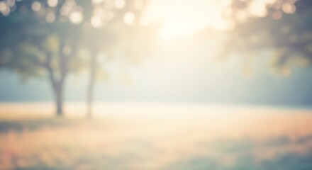 Serene Sunrise Blurred Landscape of Trees and Grassy Field