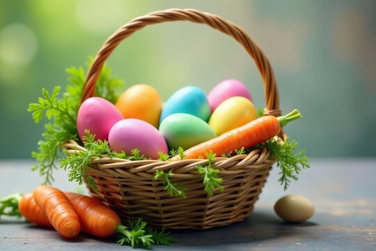 Colorful Easter eggs in a basket with carrots , ostern, tradition, korb