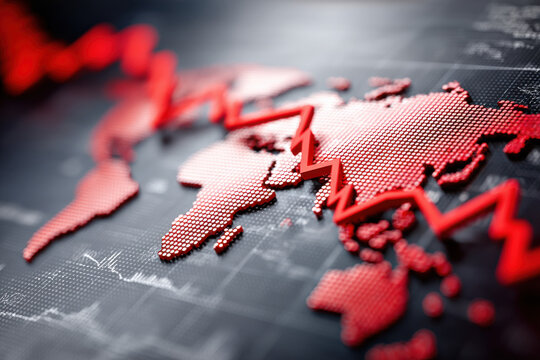 a global recession. Red blurred stock graph and world map